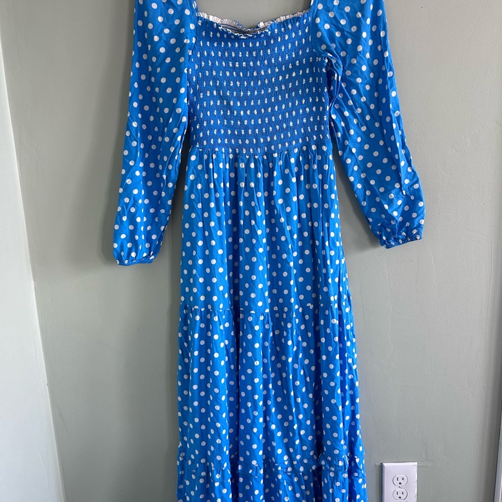 Anthropologie blue and white polka dot maxi dress